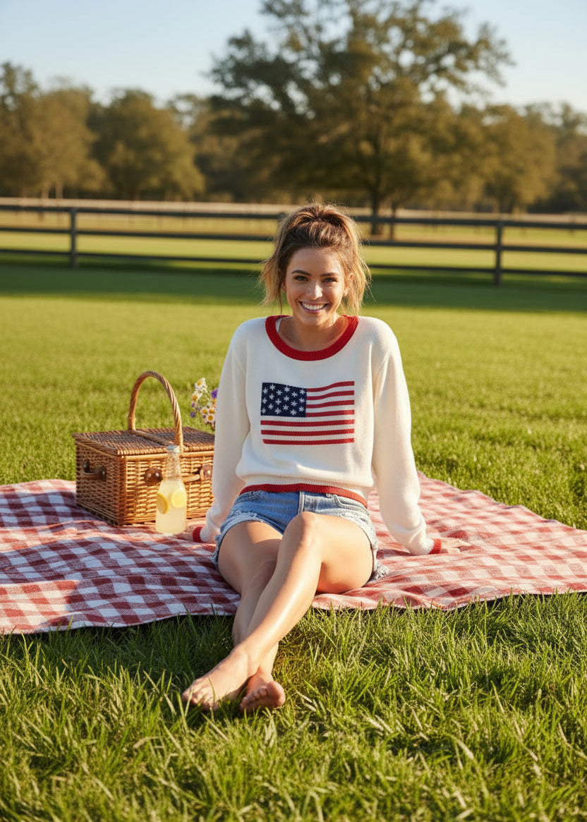 Cream Long Sleeve Flag Sweater - Jolie Femme Boutique
