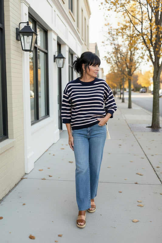 Navy Striped Crewneck 3/4 Sleeve Sweater