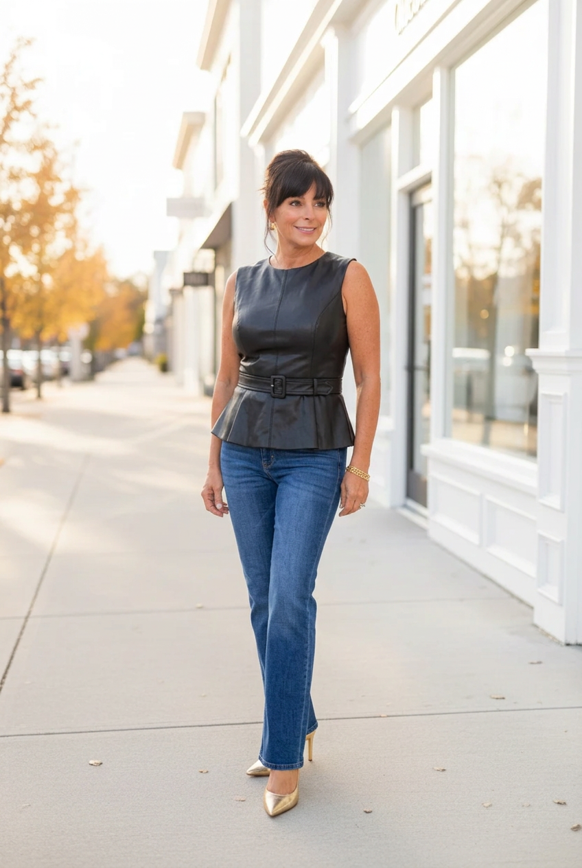 Dark Brown Faux Leather Belted Peplum Top