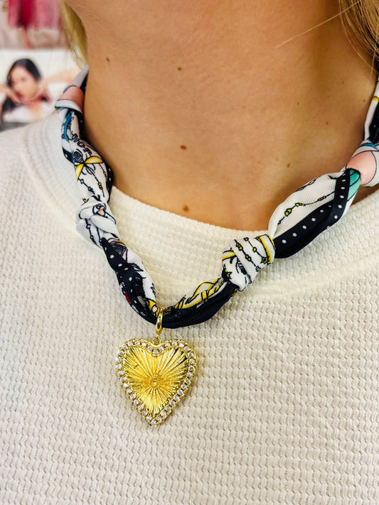 Navy/Turquoise Scarf Necklace W/ Rhinestone Heart Charm - Jolie Femme Boutique