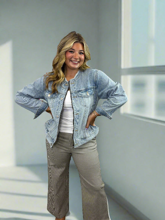 Raw Edge Neckline Vintage Denim Jacket - Jolie Femme Boutique