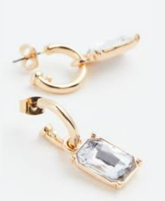 Huggie Hoop W/Rectangle Glass Crystal Drop Earring - Jolie Femme Boutique