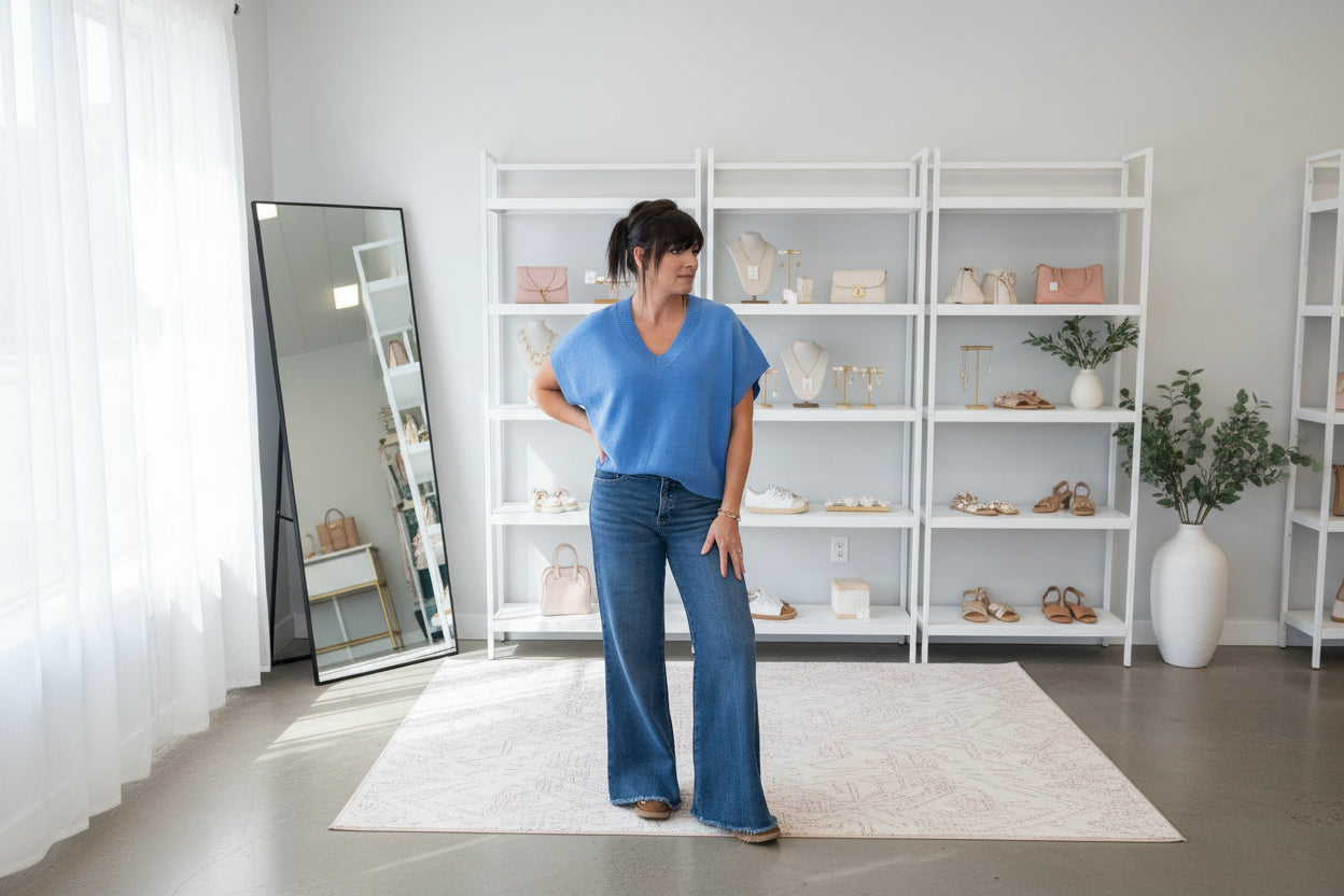 Blue V-Neck Cap Sleeve Sweater