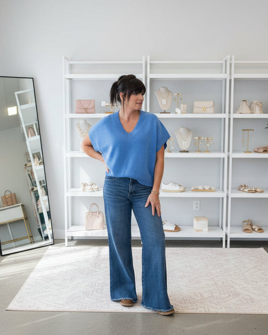 Blue V-Neck Cap Sleeve Sweater - Jolie Femme Boutique