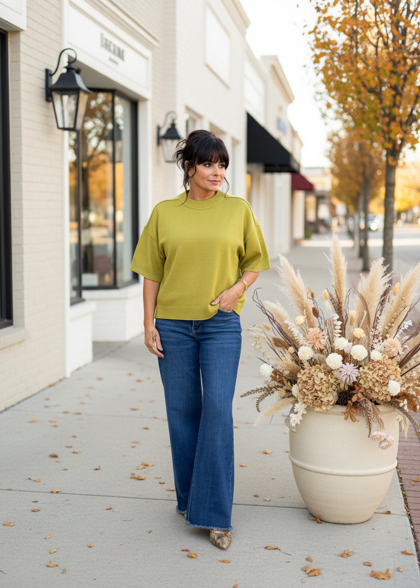 Green Raw Hem Top