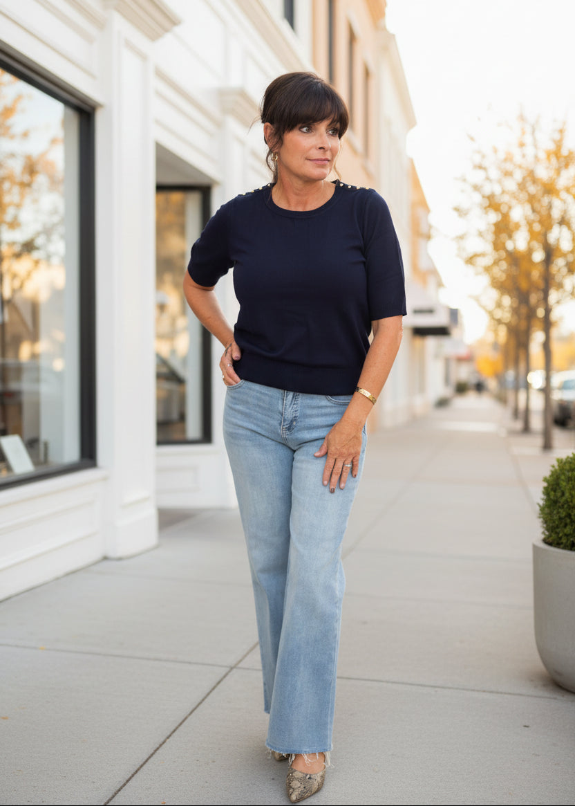Navy Gold Stud Knit Top