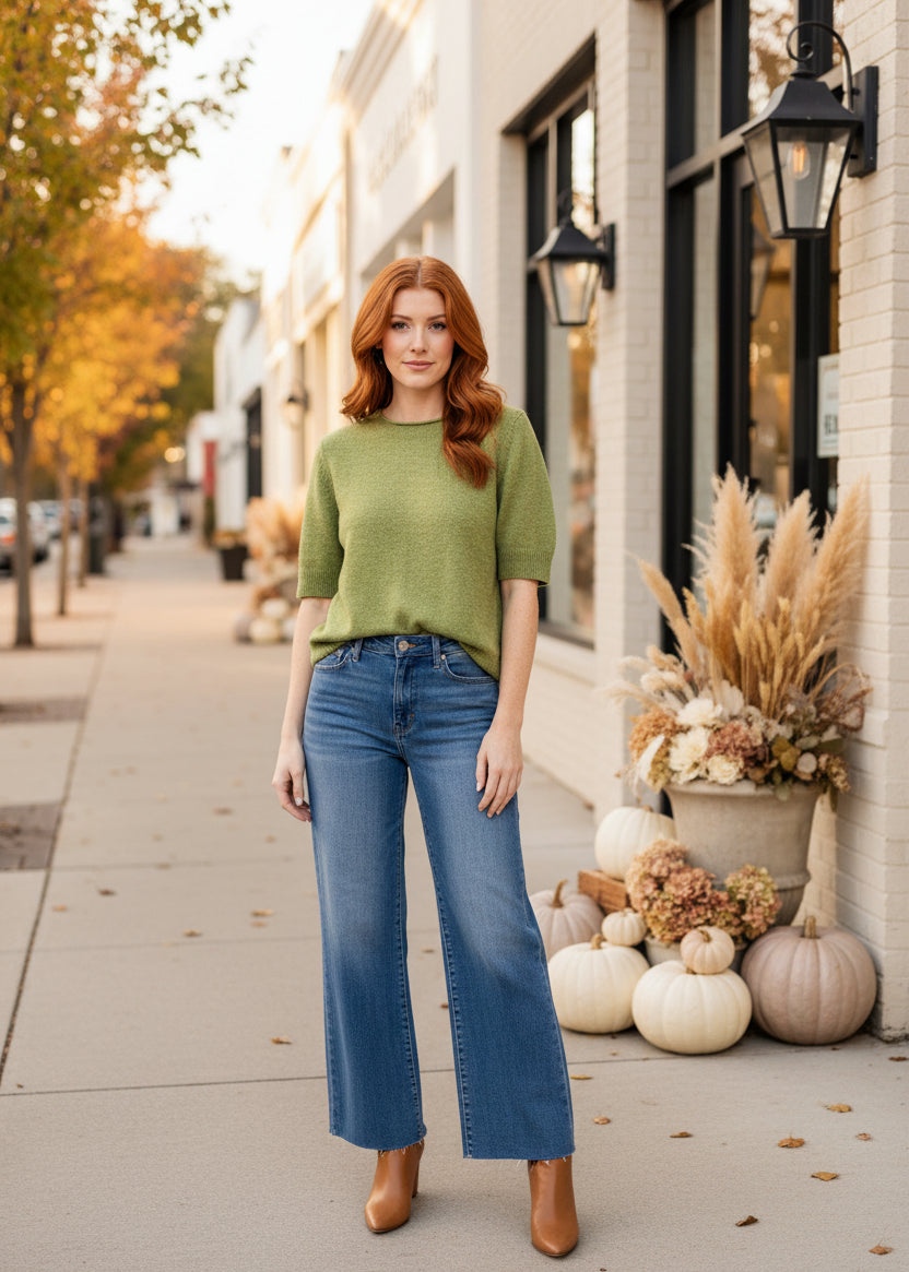Moss Green Short Sleeve Sweater