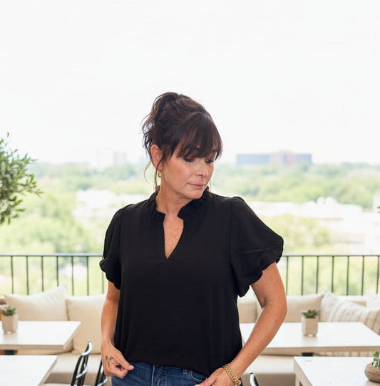 Black Ruffle Trim Puff Sleeve Top
