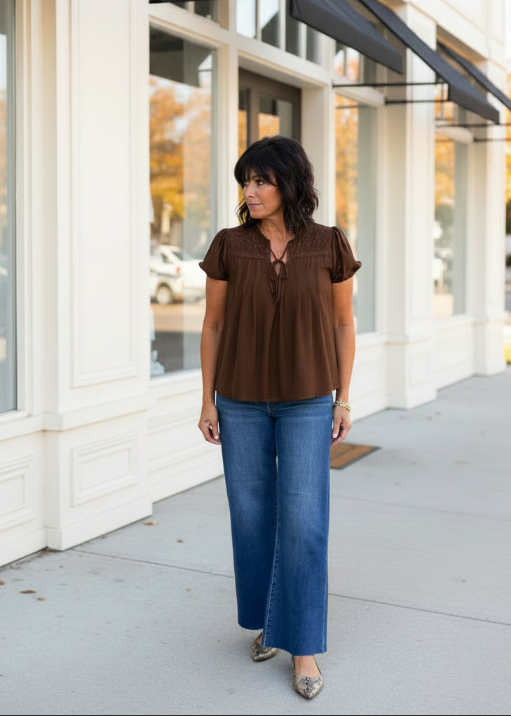 Brown Pintuck Short Sleeve Top