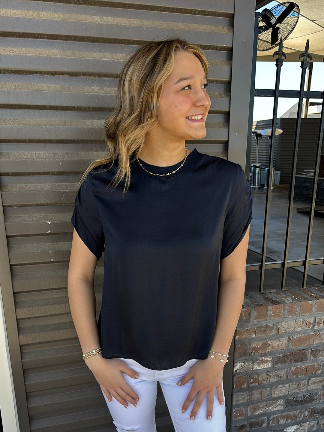 RUCHED SHORT SLEEVE SATIN TOP MIDNIGHT - Jolie Femme Boutique