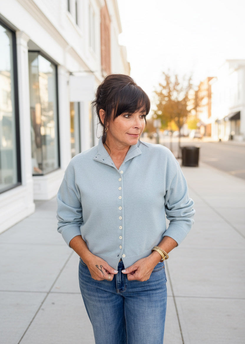 Soft Blue High Neck Button-Front Top