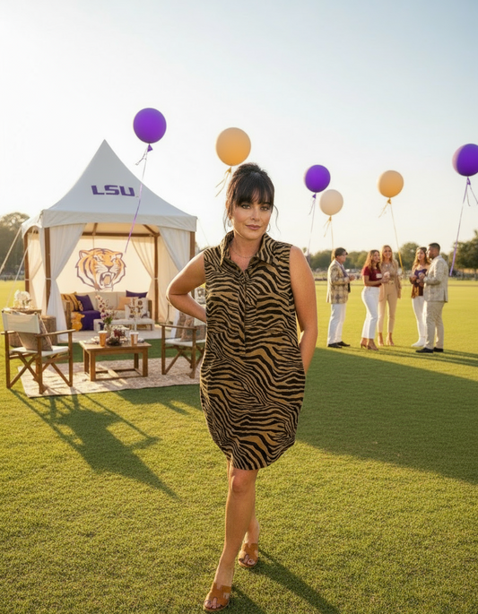 Tiger Print Button Down Dress with Pockets