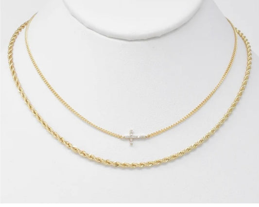 Gold Layered Braided Chain with Rhinestone Cross