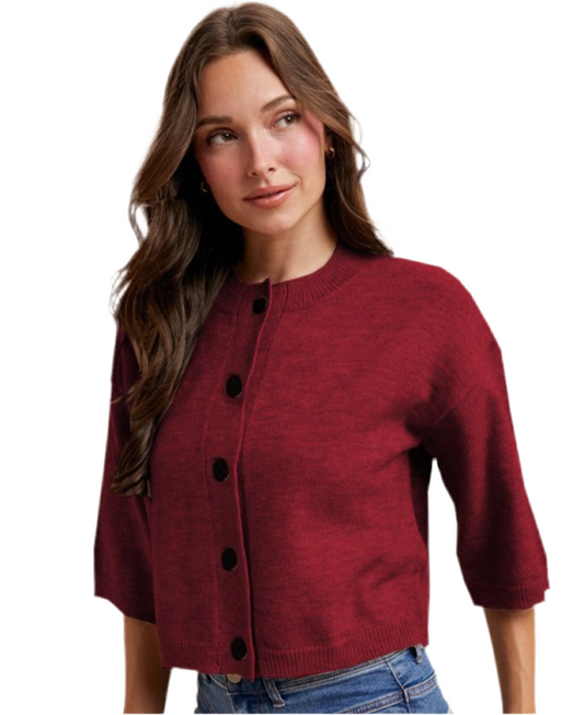 Burgundy  Half Sleeve Button Down Cardigan