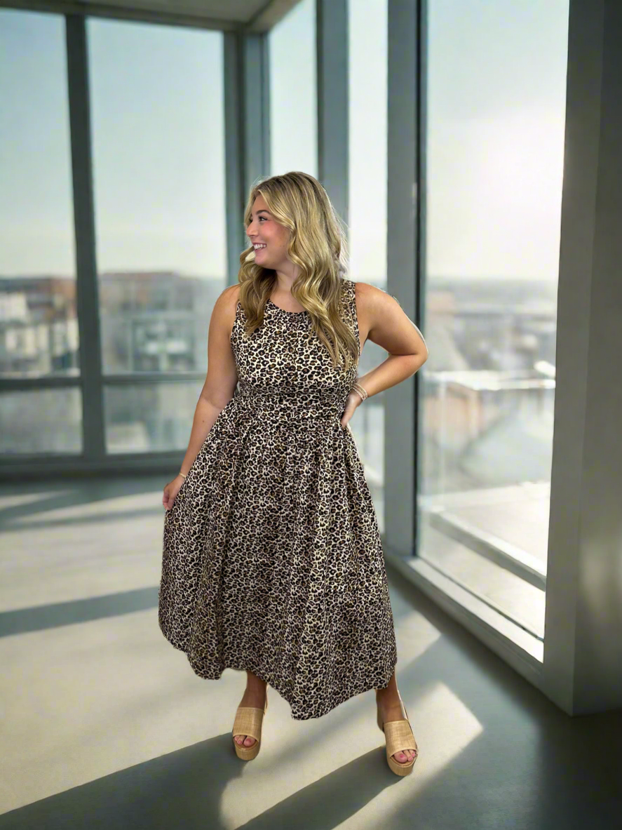 Leopard Print Poplin Midi Dress