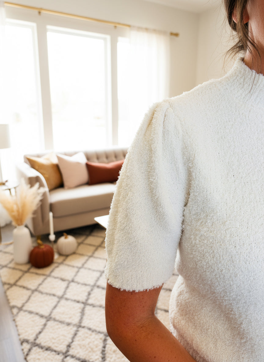 Cream Short Sleeve Fuzzy Sweater