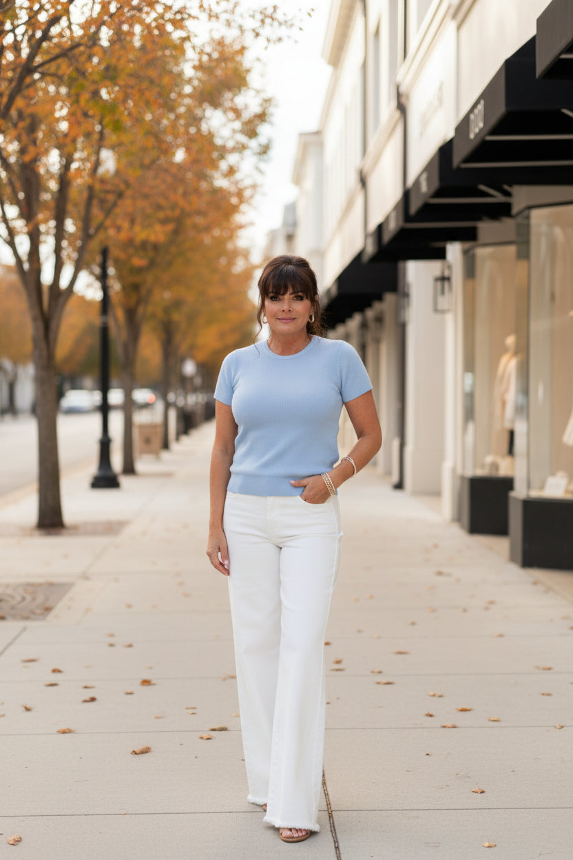 Soft  BlueCrew Neck Ribbed Top - Jolie Femme Boutique