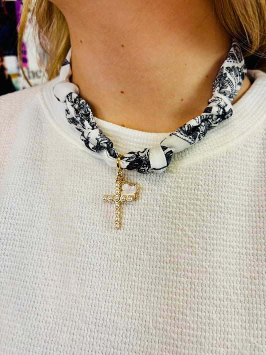 Scarf Necklace W/Pearl Cross and Pearlized Clover Charm - Jolie Femme Boutique