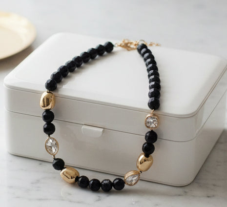 What's Hot - Black, Cream, and Gold Natural Stone 8mm Beaded  16"-18" Necklace - Jolie Femme Boutique