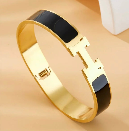 Small Black Enamel H Hinged Bracelet - Jolie Femme Boutique