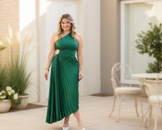 Emerald Green One Shoulder Pleated Midi Dress