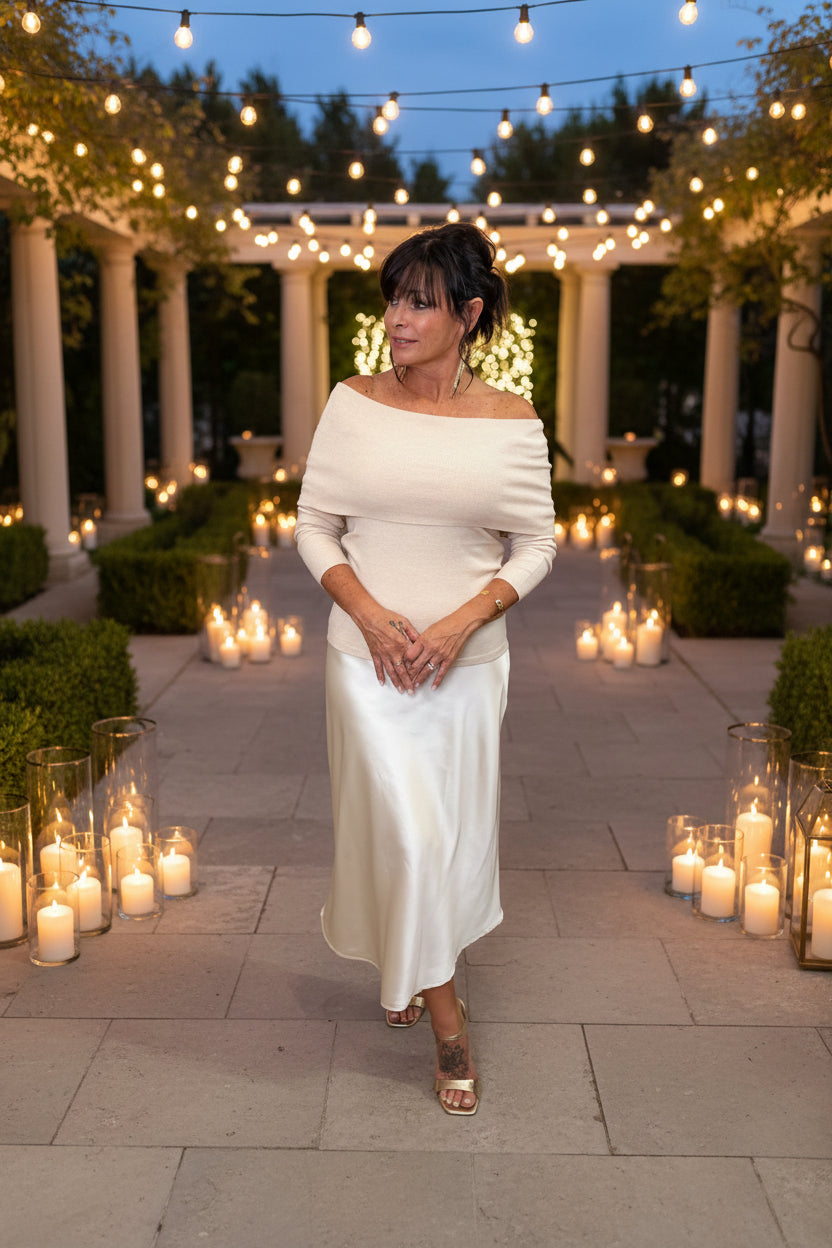 Beige Off Shoulder Long Sleeve Top