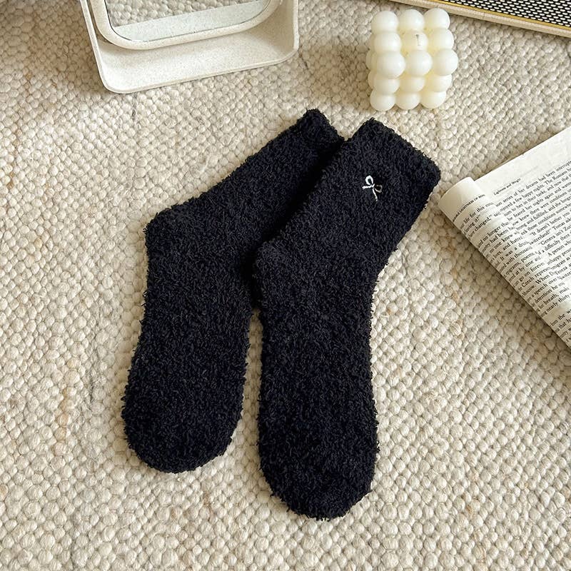 MKS America - Fluffy Bow Ribbon Coral Fleece Socks - BlueGrey / M - Jolie Femme Boutique