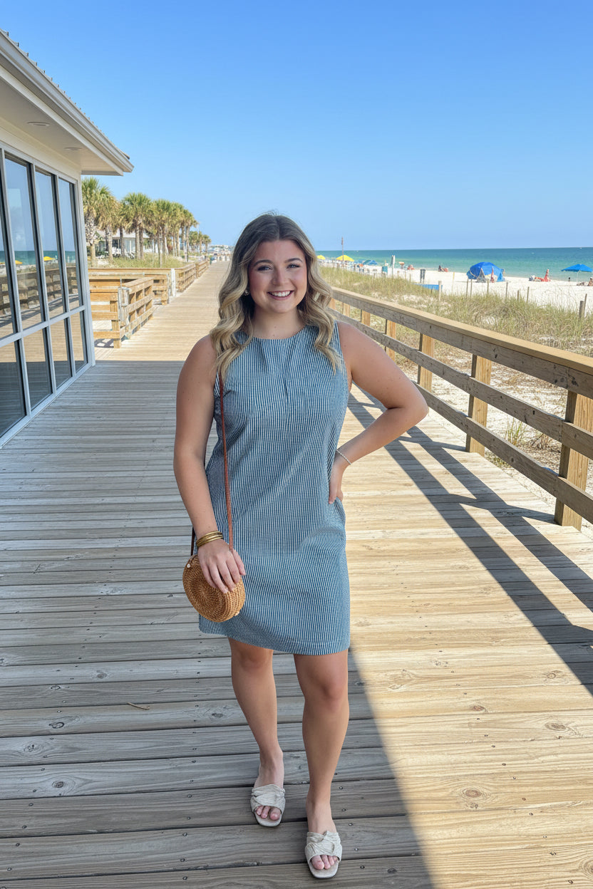 Navy Stripe A-Line Dress - Jolie Femme Boutique