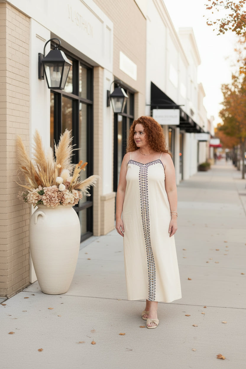 Sand Linen Embroidered Maxi Dress