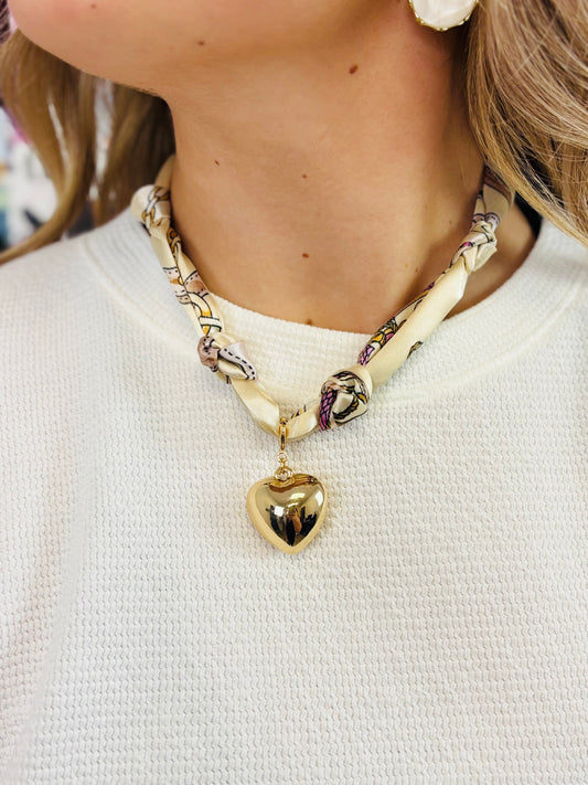 Cream/Neutral Scarf Necklace W/Bubble Heart Charm - Jolie Femme Boutique