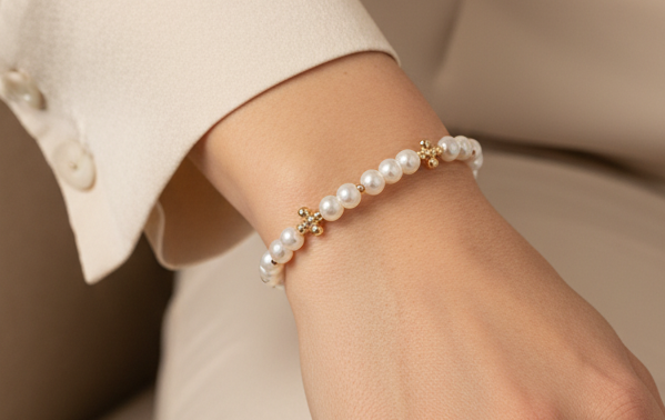 Pearl Stretch Bracelet With Gold Cross
