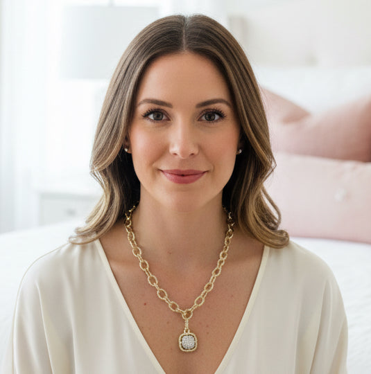 Gold Link With Square Pave Pendant Necklace - Jolie Femme Boutique