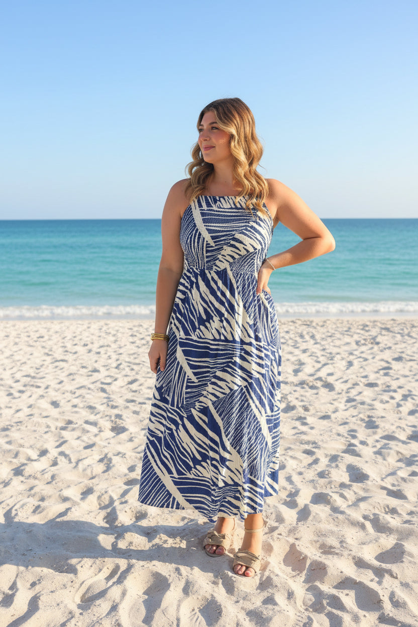 Blue & White Abstract Halter Midi Dress - Jolie Femme Boutique