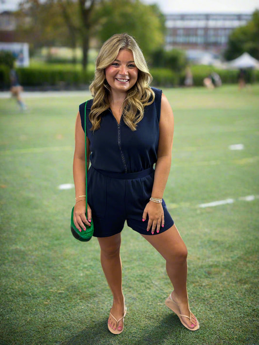 Navy Zip Up Front Romper - Jolie Femme Boutique