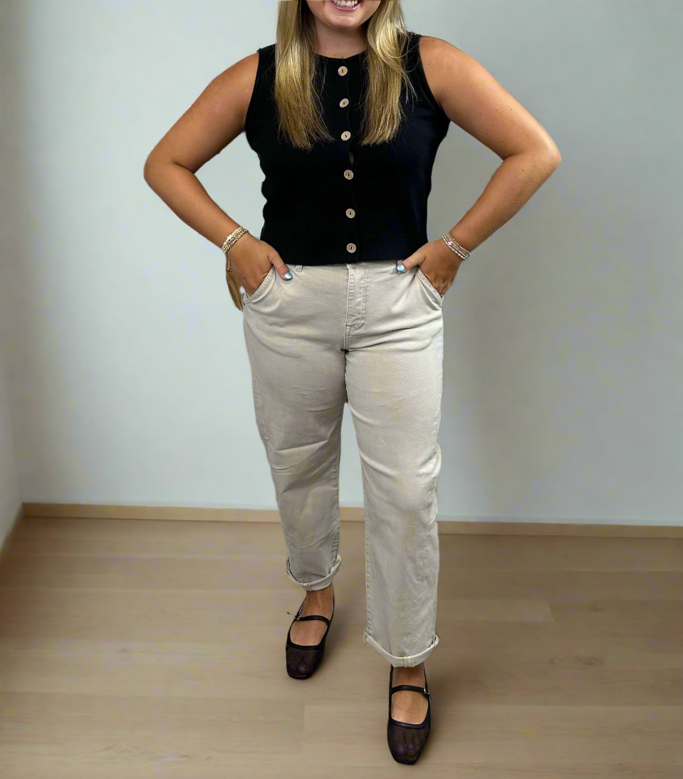 Risen High Rise Relaxed Barrel Jean-Almond