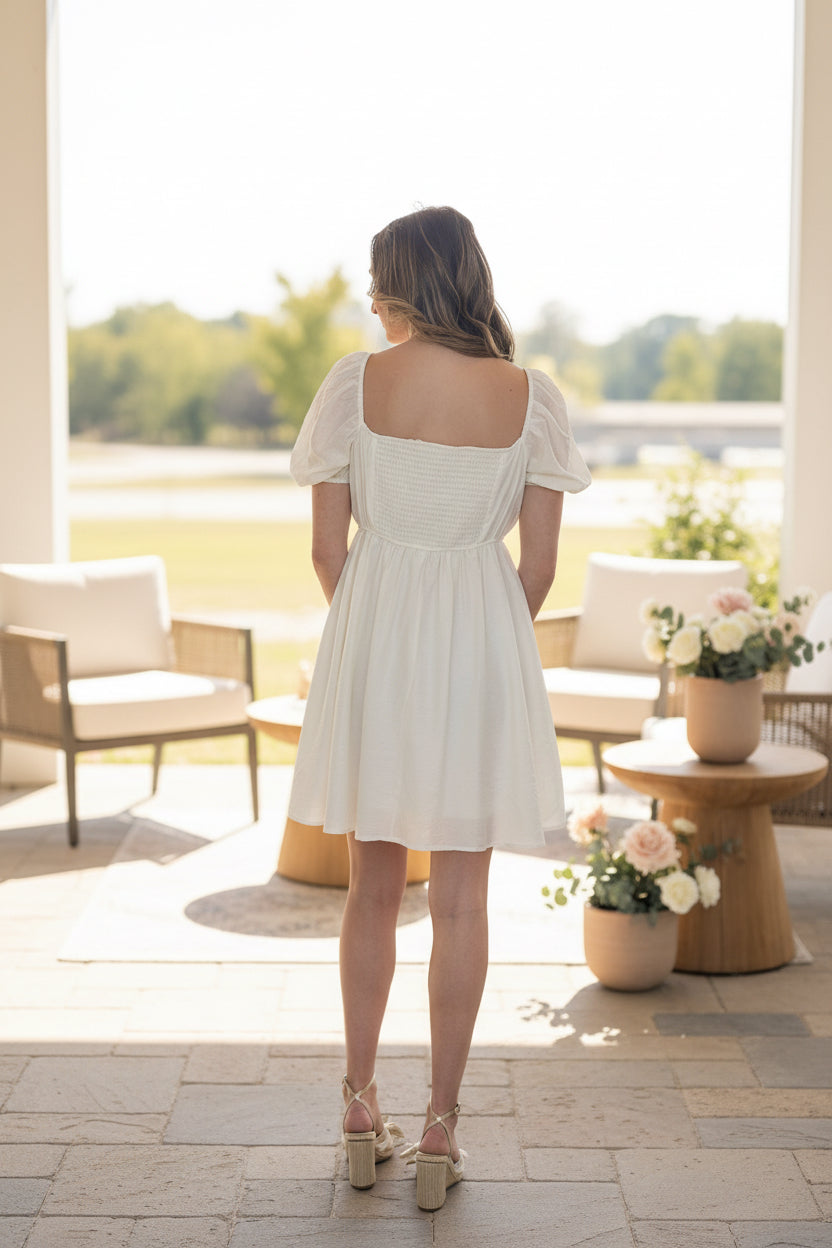 Off White Pleated Bodice Mini Dress - Jolie Femme Boutique