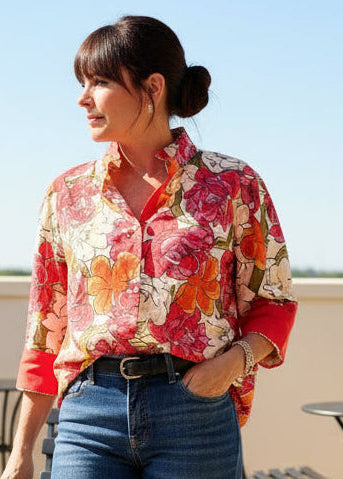 Red Floral Button Up Top
