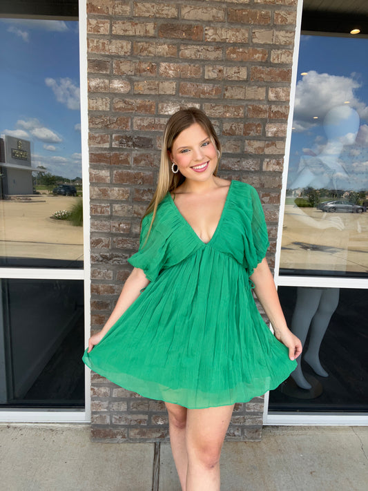 Puff Short Sleeve V-Neck Dress Green