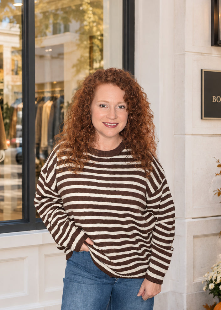 Dark Brown Striped Relaxed Crew Neck Sweater