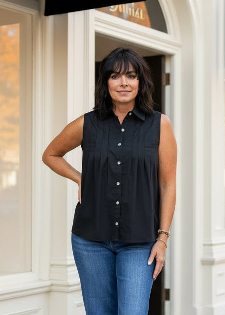 Black Sleeveless Pleated Button-Down Shirt
