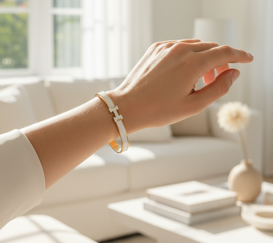 Small White Enamel H Hinged Bracelet