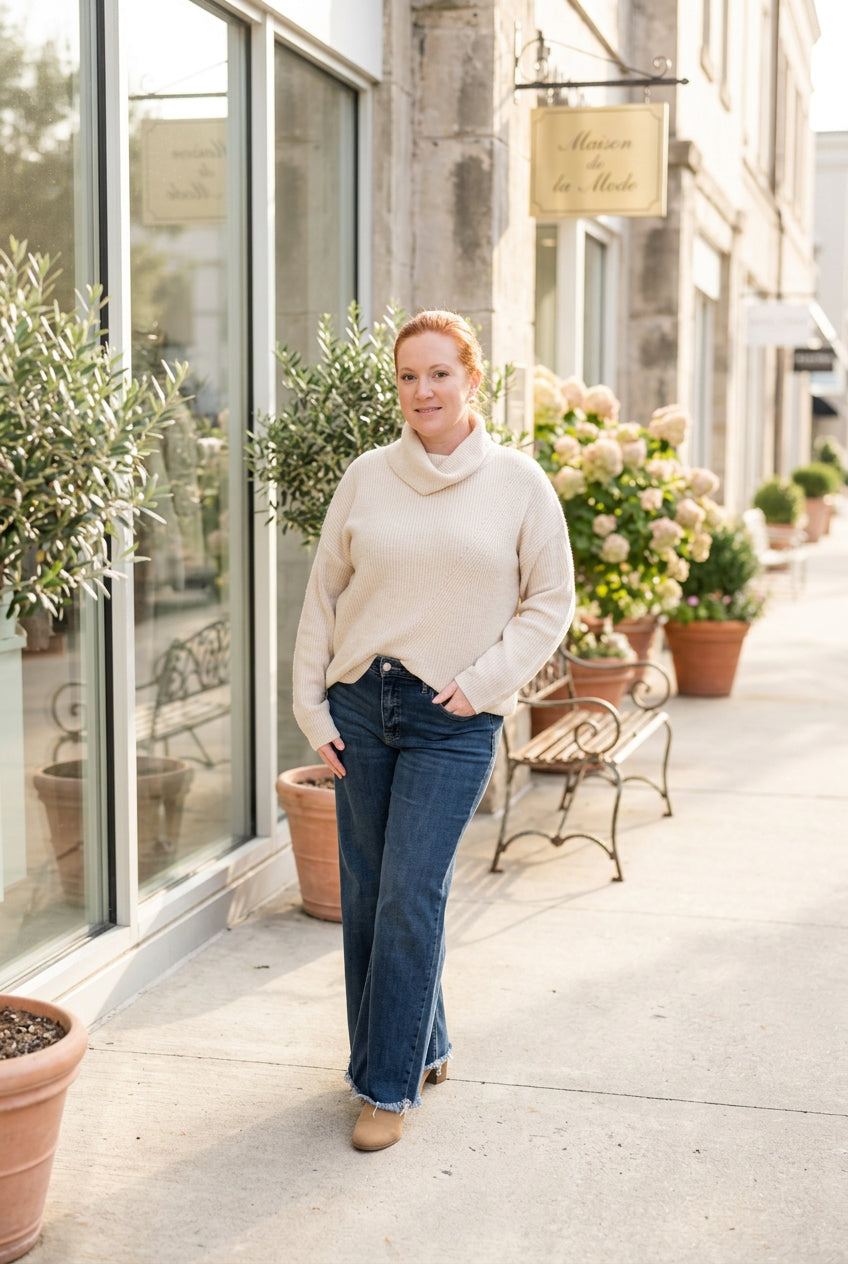 Oatmeal Ribbed Turtleneck Long Sleeve Sweater