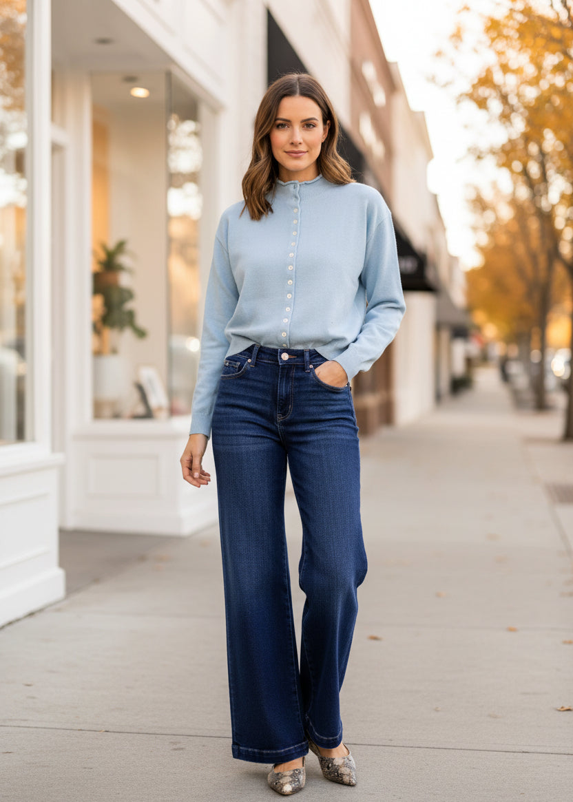 Soft Blue High Neck Button-Front Top