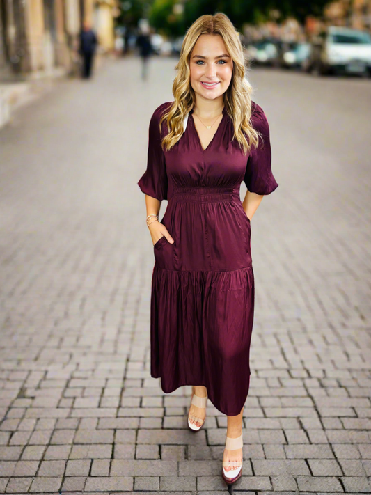 Wine Quarter Sleeve Satin Midi Dress