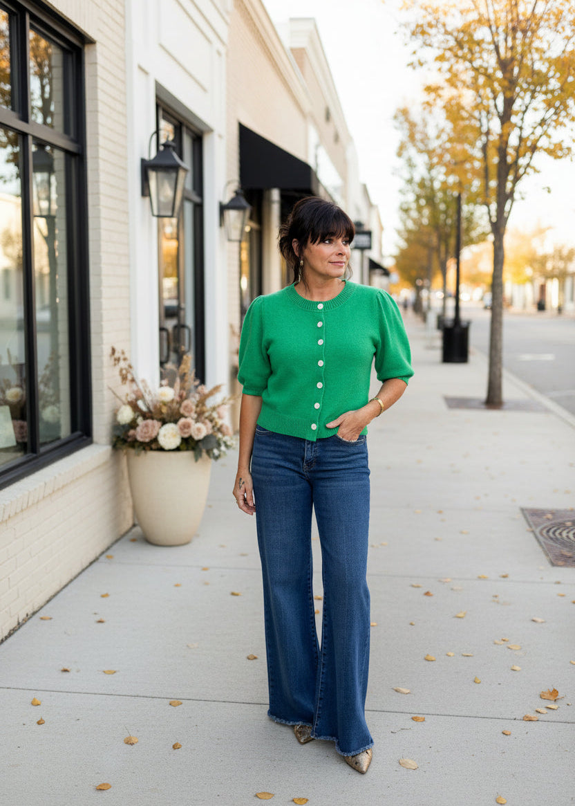 Emerald Puff Sleeve Button Up Cardigan
