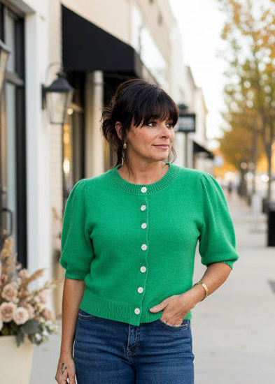 Emerald Puff Sleeve Button Up Cardigan