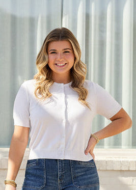 White Round Neck Button Down Cardigan - Jolie Femme Boutique
