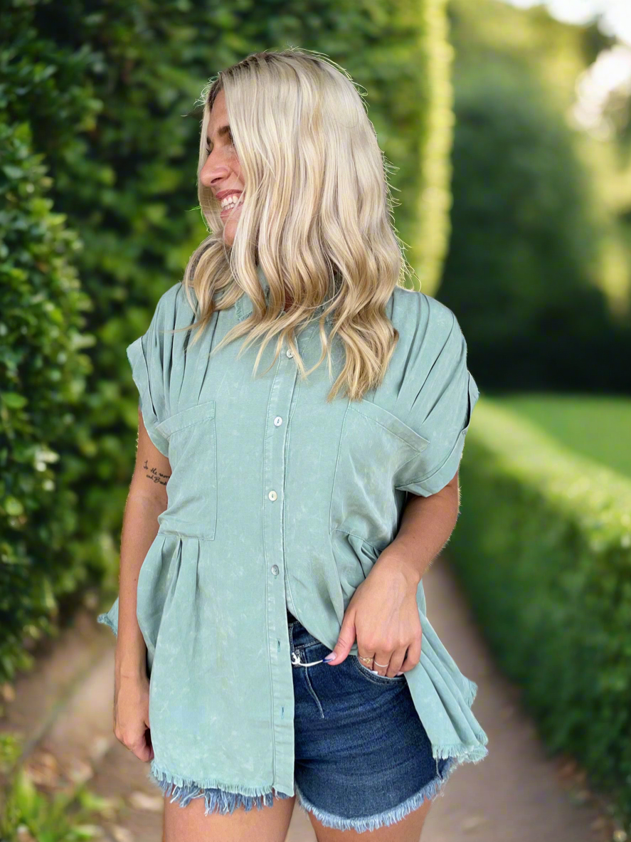 Mineral washed Pleated Top Sage