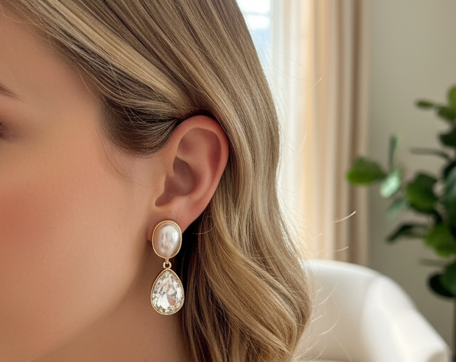 Pearl and Clear Teardrop Earring