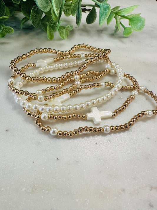 Pearl and Gold Beaded Cross Bracelet Stack